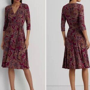 NWT! Lauren Ralph Lauren Paisley Surplice Midi Dress, burgundy-multi, Size 4